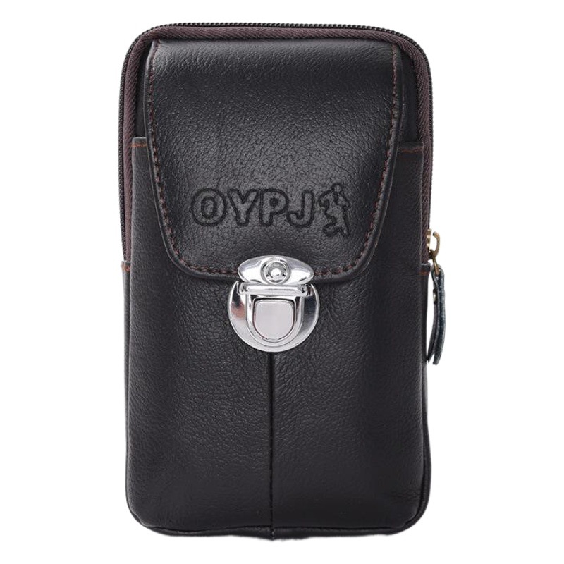 Men's Middle-Aged and Elderly Street Stall Waist Bag Cowhide Vertical Mobile Phone Bag Zipper Buckle Bright Leather Wallet Manufacturer Wholesale