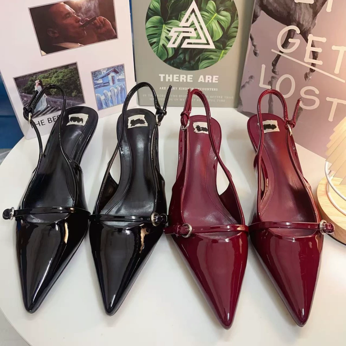 Z2025 весна-лето новые лакированные туфли-мюли на шпильке с острым носком и задним ремешком в ретро-стиле
