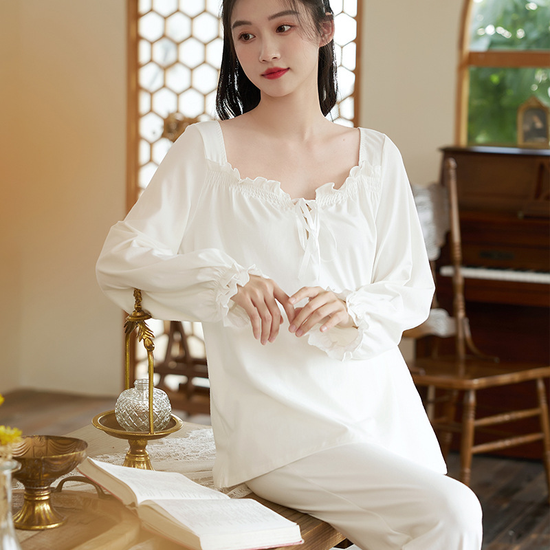 Promotional Price Spring & Fall O'Dell Cotton Long-Sleeved Lace Cute Princess Pajamas Loose and Comfortable Home Wear Set for Women