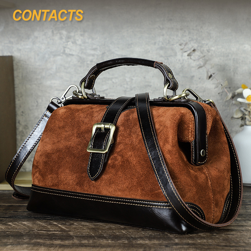Black Angel High Gloss Suede Leather Iron-Hinge Women's Handbag Dual-Use Doctor's Bag Women's Genuine Leather Crossbody Bag Black Angel High Gloss Suede Leather Iron-Hinge Women's Handbag Dual-Use Doctor's Bag Women's Genuine Leather Crossbody Bag