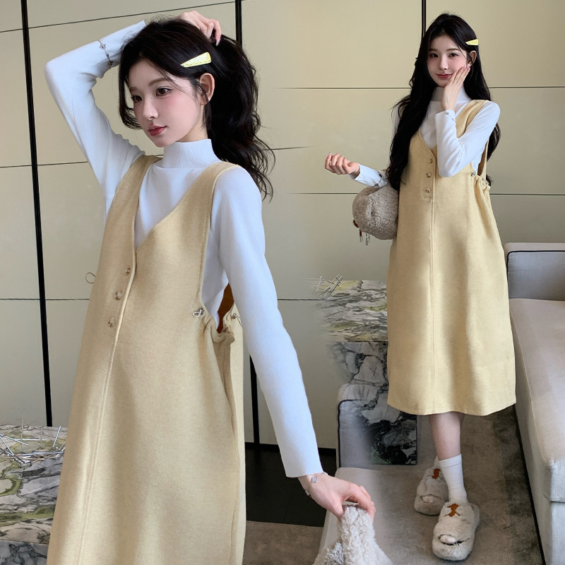 孕妇秋冬新款毛呢背心连衣裙背带裙针织打底衫甜美显瘦辣妈两件套|undefined