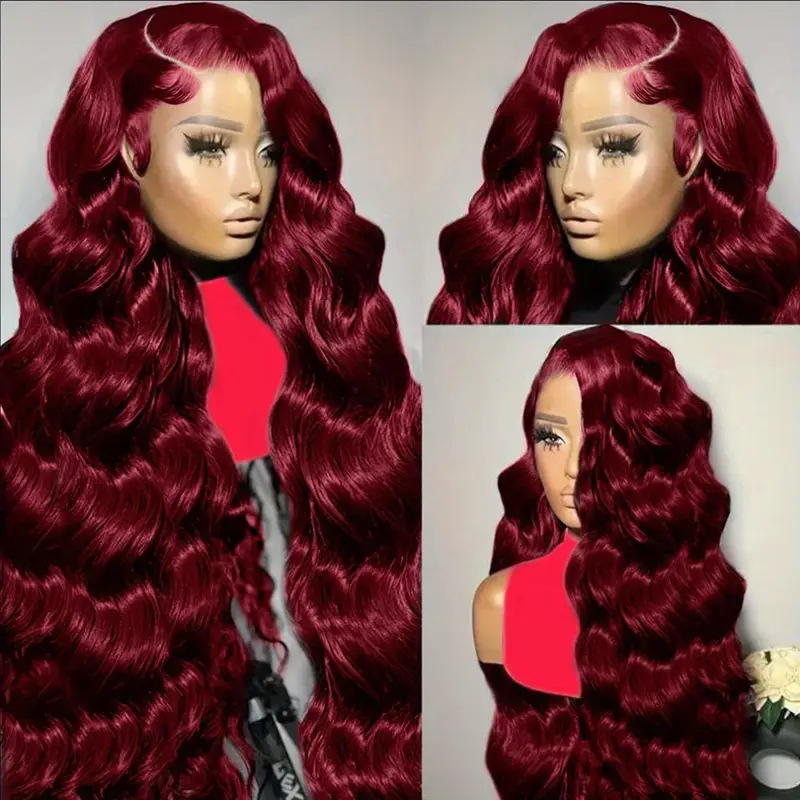 Front Lace Wig European and American Women's Burgundy Long Curly Hair Chemical Fiber High Temperature Silk Wig Half Hand Hook Lace Headgear