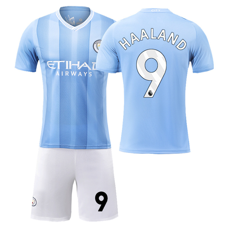 thumbnail image 1 of 2324 Manchester City versión correcta en casa No. 9 Haaland No. 17 De Bruyne ropa de fútbol traje para niños y adultos, 1 of 5