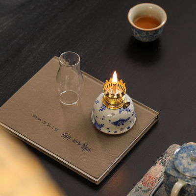 玻璃酥油灯 传统青花陶瓷茶室家居摆件灯芯仿古供佛拜神照明灯