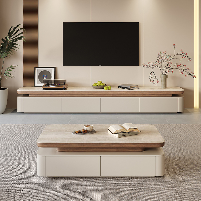 Travertine Slate Coffee Table Tv Cabinet Combination Mid-Century Style Small Apartment Cream Style Living Room Home Storage Tea Table Floor Cabinet