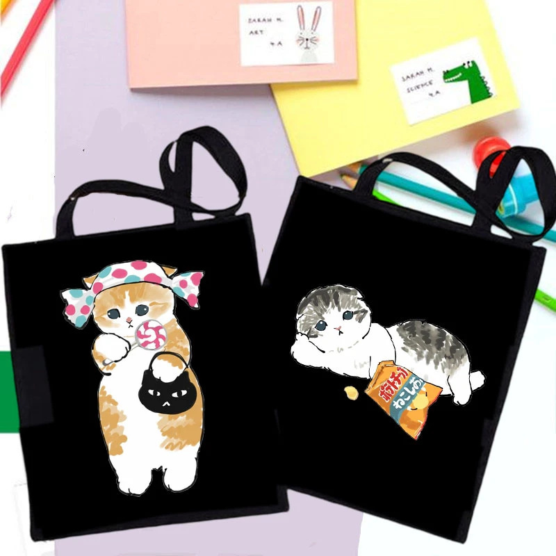 日系动漫卡通猫Cat 印花帆布袋单肩包折叠袋手提袋购物袋跨境外贸