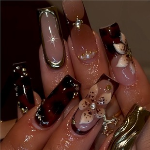 Cross-Border Hot-Selling Square Fake Nails, Fashionable Golden Water Ripples, Sweet Flowers, Flashing Crosses, Wearable Nails