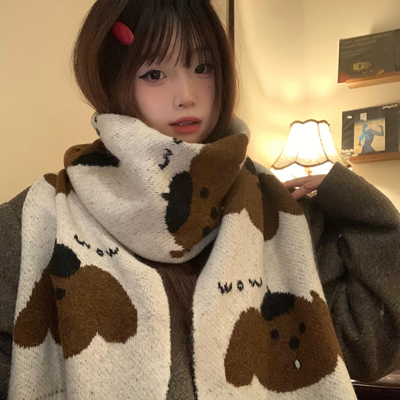かわいい漫画の子犬ニットスカーフ女性のための 2024 秋と冬の雰囲気厚く暖かい学生カップルスカーフ|undefined