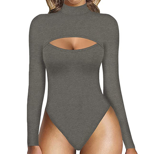 New Arrival Hot Selling European and American Women's Sexy High Neck Front Hollowed Bodycon Long Sleeve Bodysuit