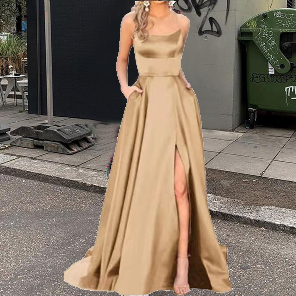 2025 color sólido vestido de dama de honor europeo y americano falda larga delgada sin tirantes novia vestido de noche de grupo de dama de honor de moda de Amazon