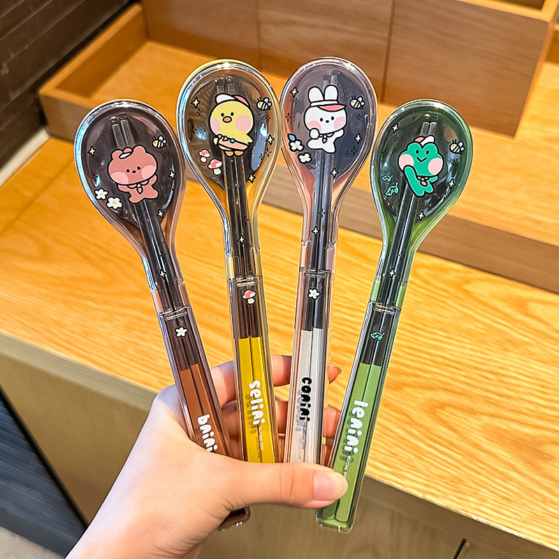 Stainless Steel Chopsticks Spoon suit Primary School Students Dining Spoon Portable Tableware Storage Box One Person Chopsticks Work Chopsticks New Style