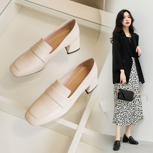White loafers women's spring and autumn summer new slip-on heel two-way leather soft leather square toe high heel shoes