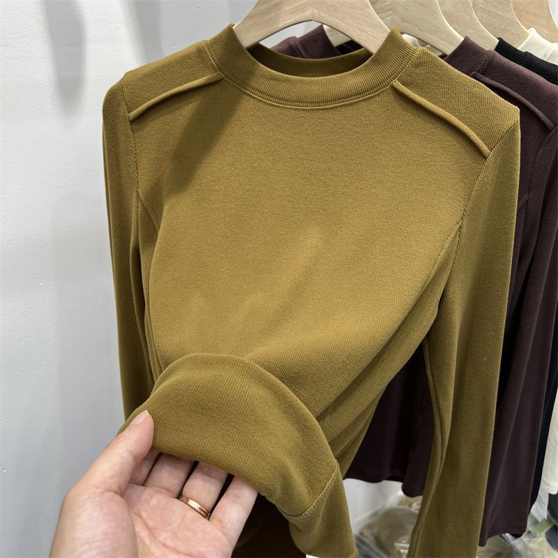 European-Style Design Brushed Ribbed Long-Sleeve T-Shirt for Women, 2026 Autumn and Winter New Stylish Inner Layer Base Shirt, Thick Top