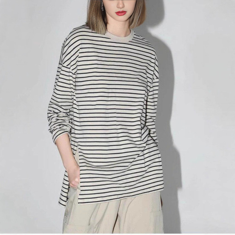 Autumn Korean Style Letter Logo Black and White Stripesd T-Shirt for Women Early Autumn Side Slit Inner Wear Casual Top Ts001