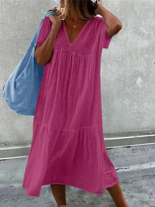 2025 European and American Clothing Amazon Cross-Border Summer New Pure Color V-Neck Pleated Loose Casual Dress European and American