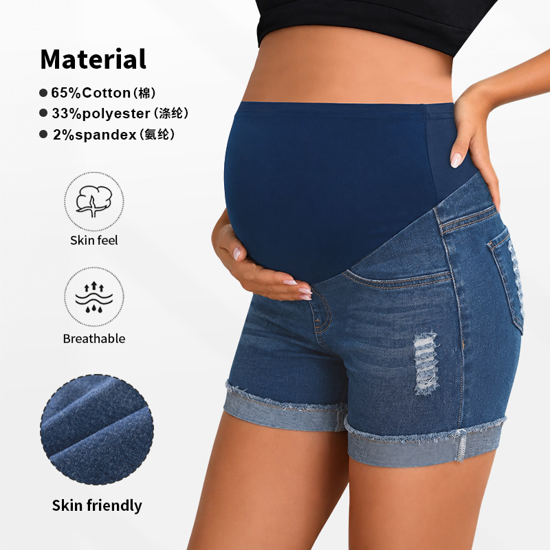 Cross-Border European and American Maternity Denim Shorts, Summer Belly Support Pants, Simple Ripped Thin Style, Can Be Worn Outside, Maternity Wear Pants for Pregnancy