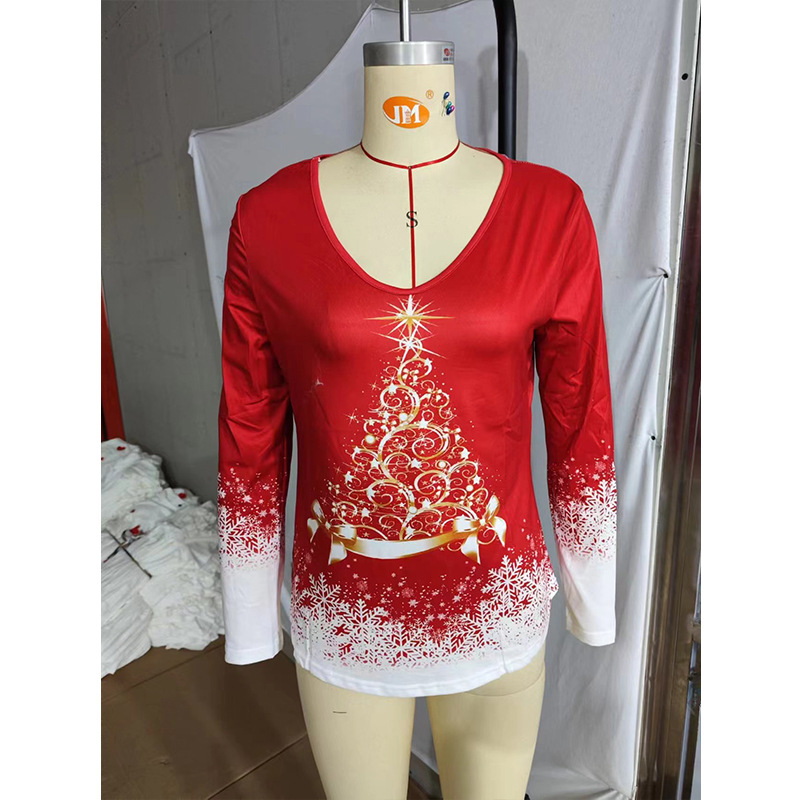 2023外贸女装欧美跨境亚马逊TEMU新款圣诞印花V领宽松长袖T恤上衣