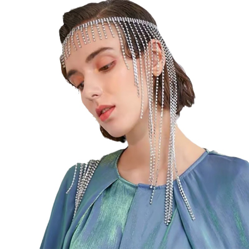 Tendencia transfronteriza rhinestone diadema personalidad europea y americana moda borla frente cadena alto sentido accesorios headwear