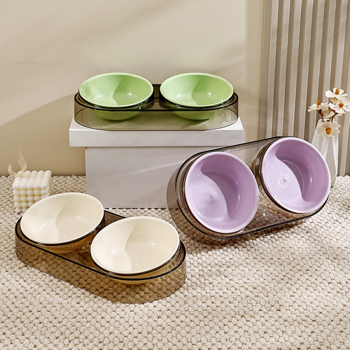 Cat bowl transparent cat food bowl pet feeding and drinking water double bowl dog bowl anti-knock over cat food bowl eating bowl pet supplies