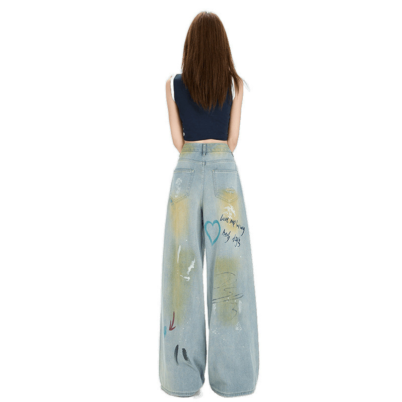 时尚洋气百搭涂鸦破洞直筒牛仔裤女2025年夏季新款宽松显瘦阔腿裤|undefined