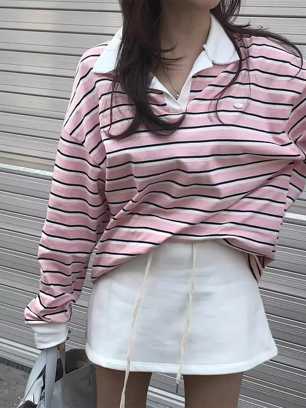 韩国chic秋季新款甜美减龄Polo领撞色宽松百搭休闲长袖条纹T恤女|undefined