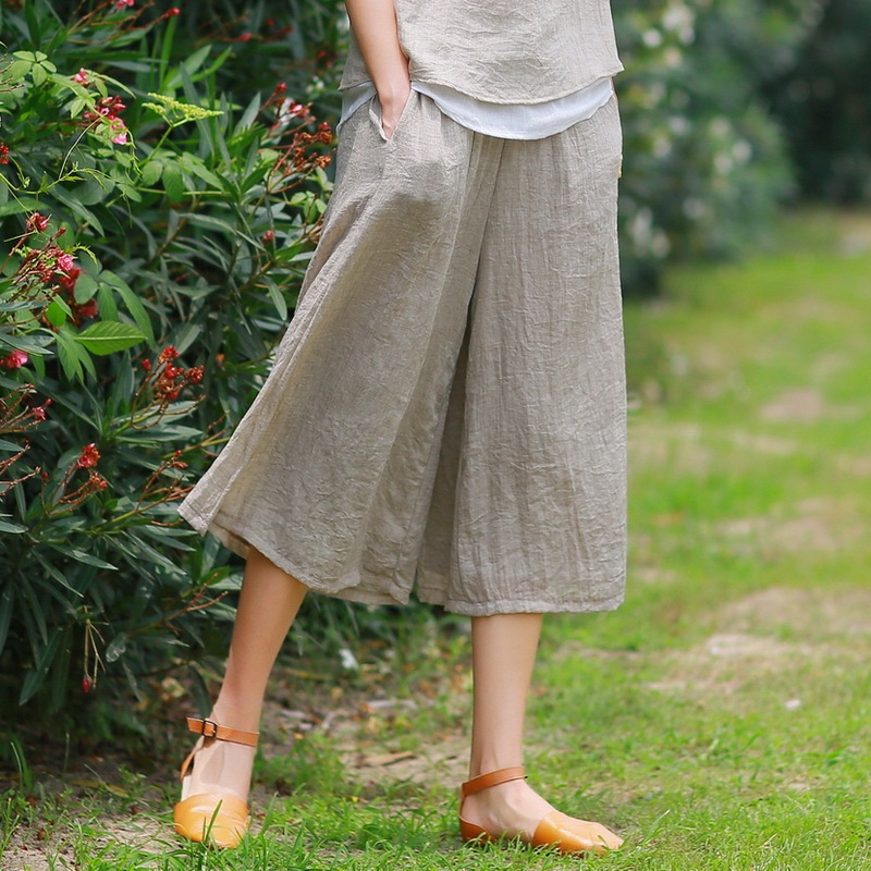 Real Shot # Solid Color Artistic Style Cotton Linen Sheer Double-Layer Wide-Leg Pants for Women, Summer Loose and Flowing Fairy-Style Cropped Pants.