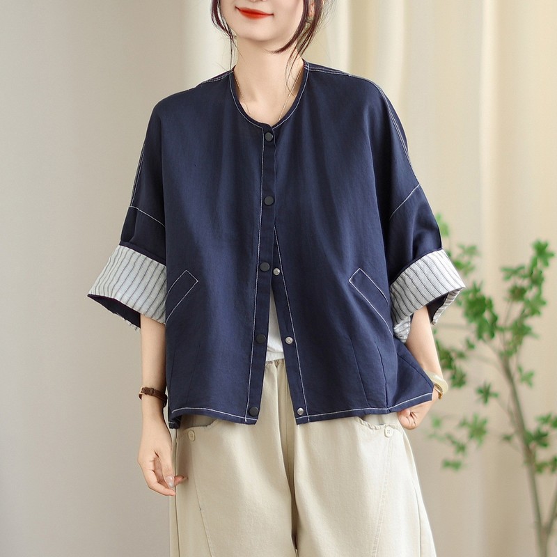 古咖服饰秋季纯色简约亚麻短外套女宽松遮肉短款显瘦纯色上衣|undefined