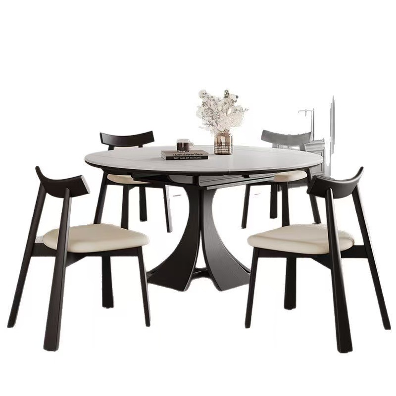 Mesa de comedor de tablero de roca retráctil redonda retro francesa, hogar blanco, apartamento pequeño, mesa de comedor de madera maciza delgada de lujo ligero italiano