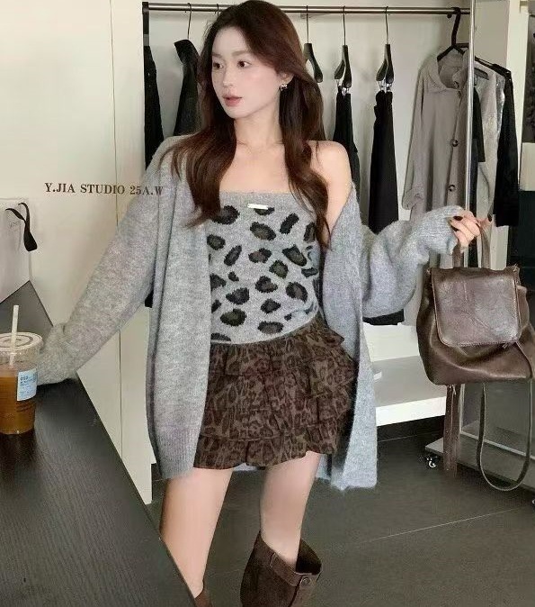 韩版小众时尚慵懒风长袖针织开衫豹纹抹胸搭配女秋季新款潮流百搭|undefined
