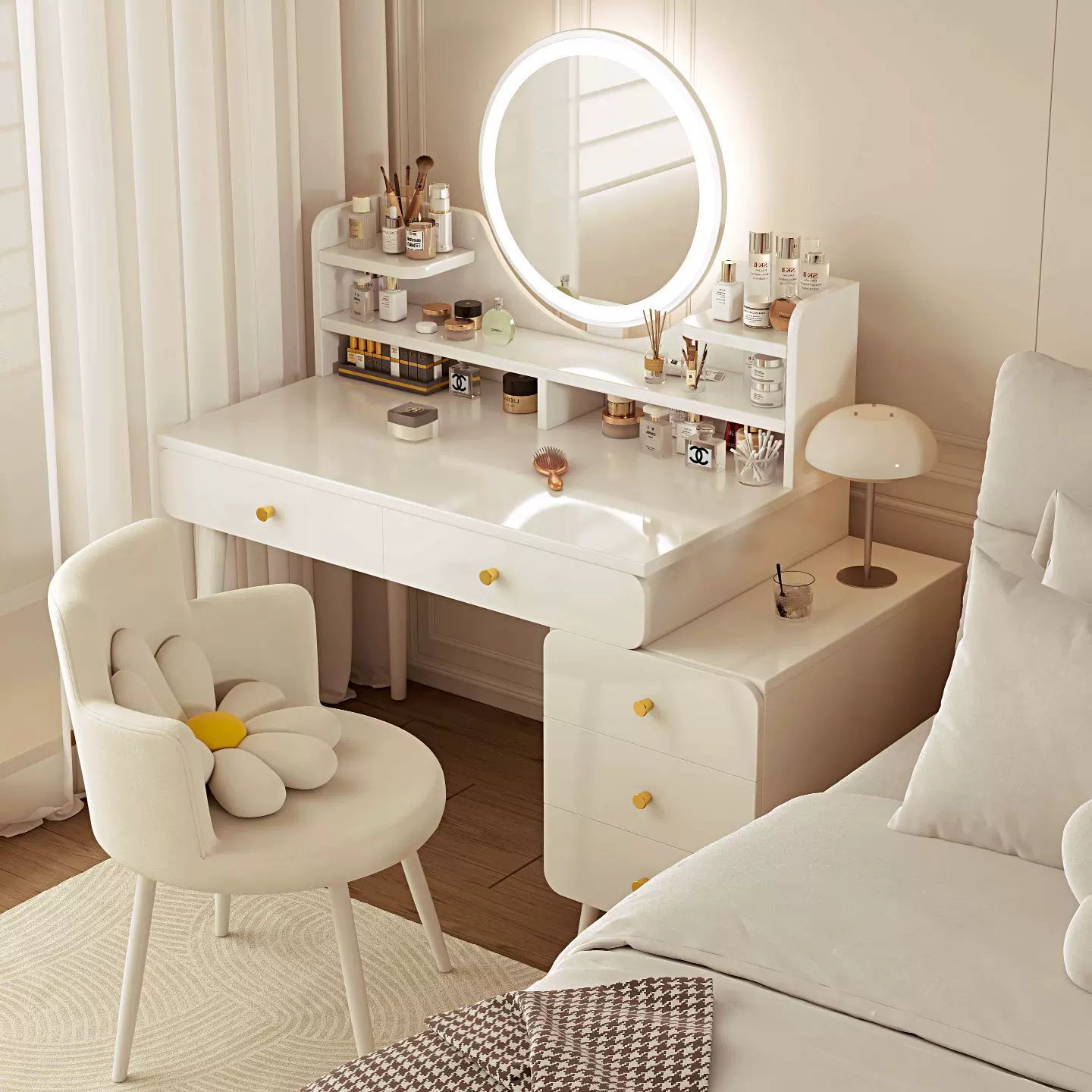 化妆桌梳妆台卧室现代简约小户型床头斗柜梳妆桌一体奶油风化妆台
