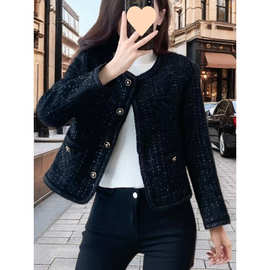 气质洋气黑色小香风时尚短外套外套粗花呢短款2025新款春秋上衣潮