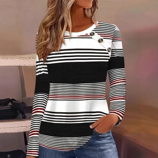 Cross-Border European and American Clothing 2024 Spring & Fall New Stripesd Stitching Contrasting Tops Round Neck Long-Sleeved Loose T-Shirt for Women