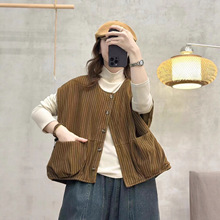 古咖服饰冬季文艺条纹拼接马甲女圆领文艺外搭夹棉单排扣马夹外套