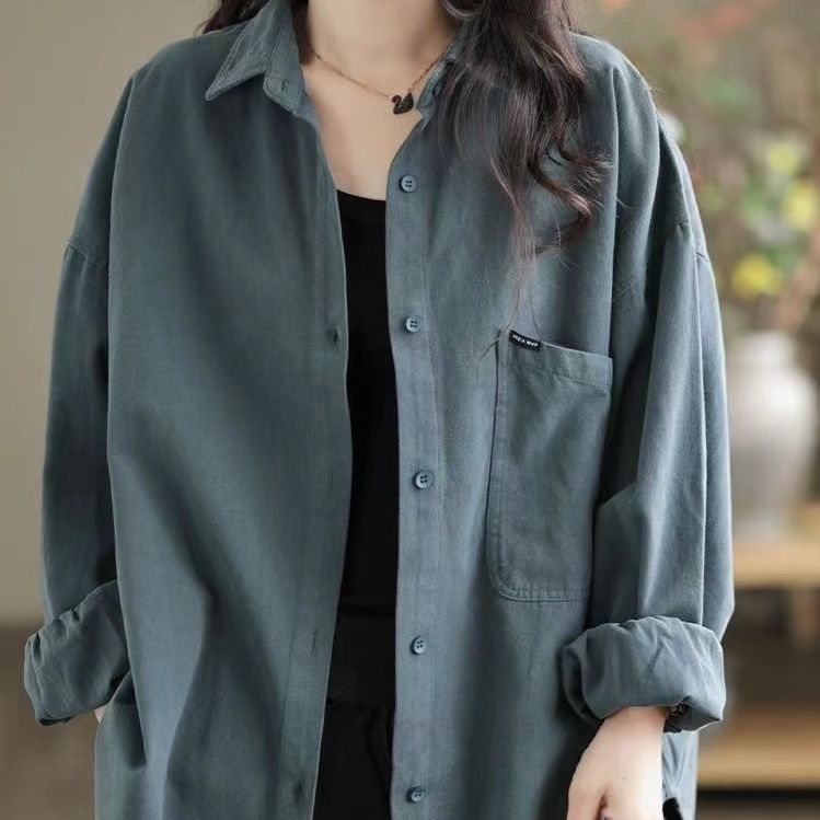 斜纹细密灯芯绒长袖翻领衬衫女宽松外套上衣|undefined