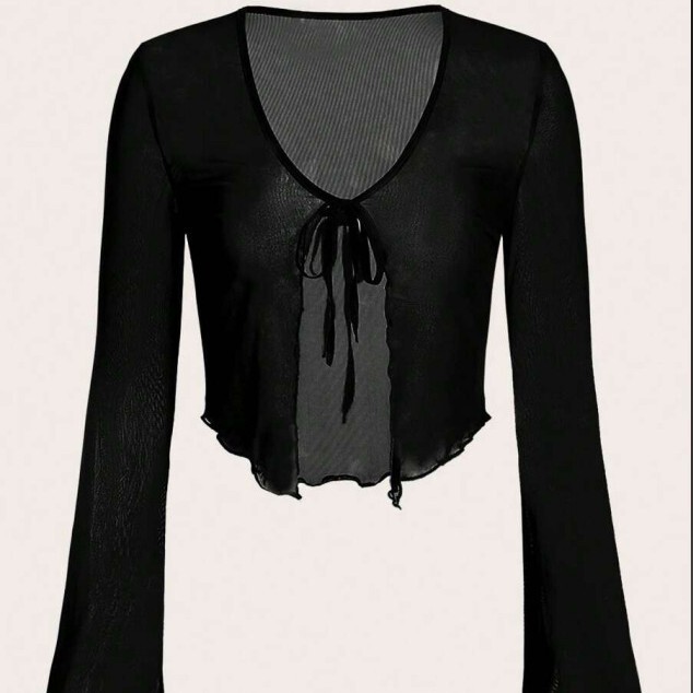 Front Tie Bell Sleeve Ruffle Mesh Top Women's Fashion V-Neck Long Sleeve Casual Daily Wear