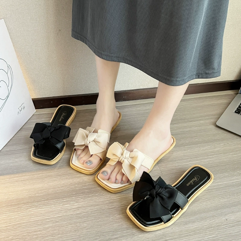 Тапочки, женские летние тапочки на танкетке с бантом, маленькие тапочки в сказочном стиле для верхней одежды, универсальные пляжные тапочки с мягкой подошвой для внешней торговли