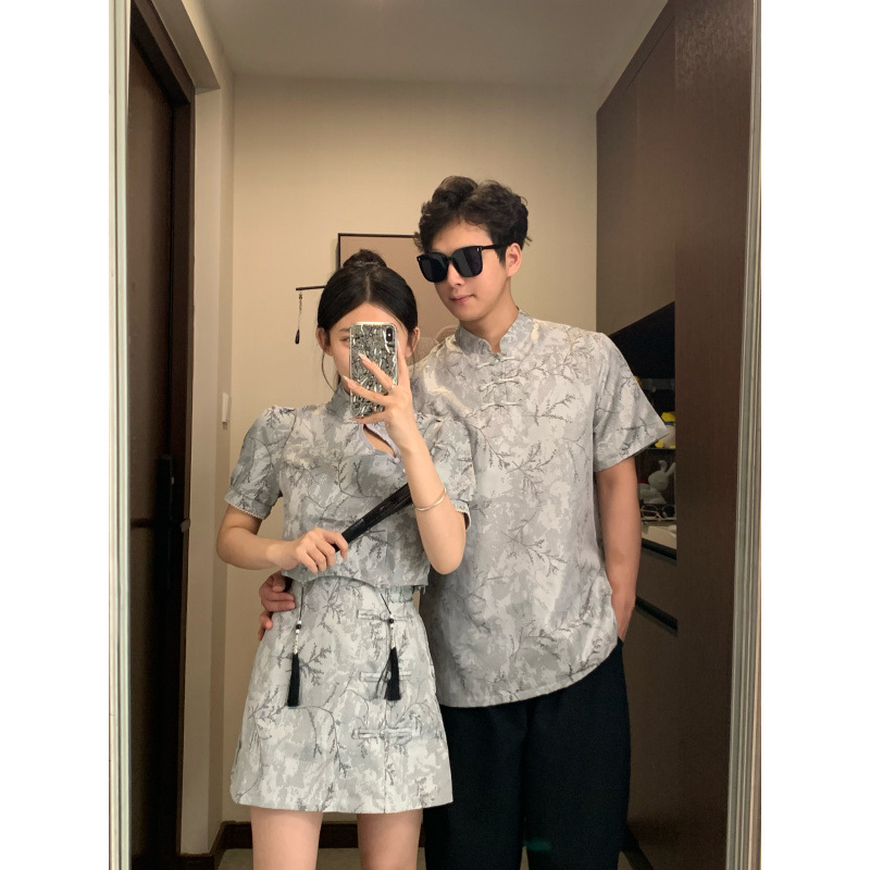 커플 여름 새로운 중국 세트 컬러 CHEONGSAM 여성의 짧은 소매 스커트 크로스 국경 머리카락