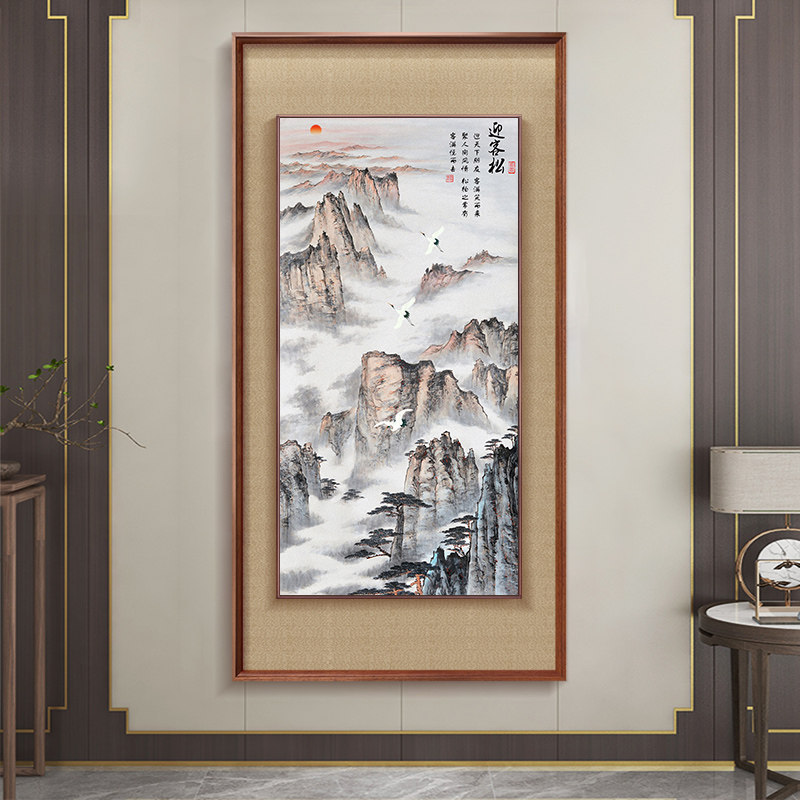 A landscape painting depicting a mountain range, a welcoming pine tree, and a passageway can be hung on the wall of a study or entryway, creating a traditional Chinese-style mural A landscape painting depicting a mountain range, a welcoming pine tree, and a passageway can be hung on the wall of a study or entryway, creating a traditional Chinese-style mural