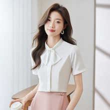 白色职业短袖衬衫女士夏季薄款蝴蝶结雪纺上衣前台工作服衬衣套装