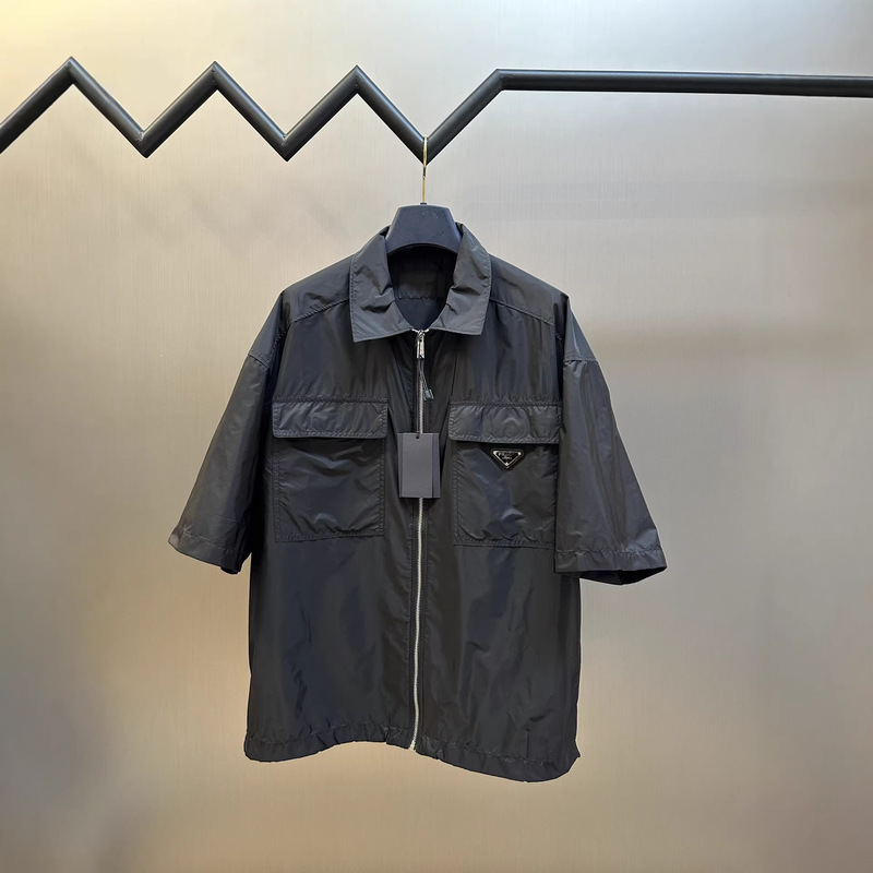 Milan Trendy Brand P Pocket Triangle Logo Zipper Shirt Summer New Nylon Quick-Dry Versatile Loose Short-Sleeve T-Shirt