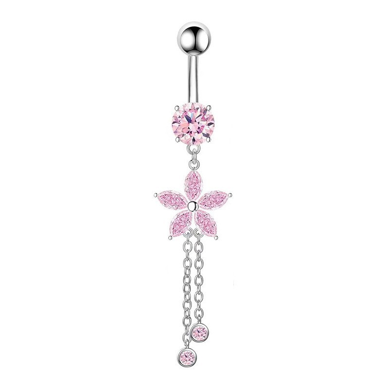 Stainless Steel Belly Button Ring With Pink Zircon Flower Charm_voghion.com