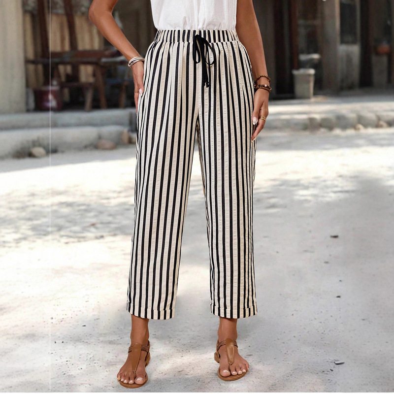 Women's Casual Pants 2025 New Straight-Leg Pants Versatile Slimming Pleated Color-Block Striped Elastic Waist Cropped Pants