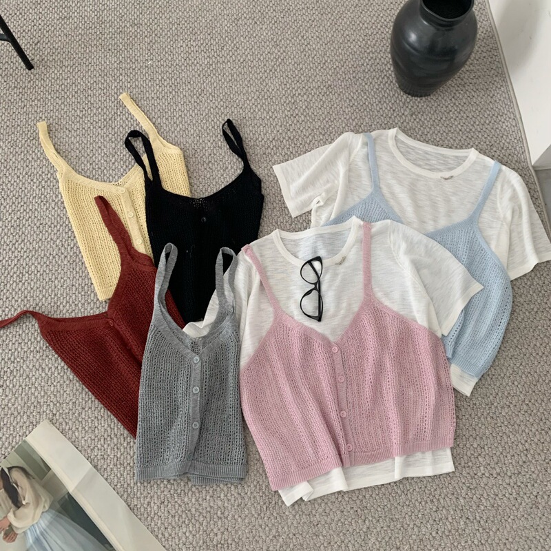 Summer New Two-Piece Set: Bamboo Fiber Short-Sleeve Knit Top + Bamboo Fiber Vest with Rhinestone Logo, Cool and Slimming Summer New Two-Piece Set: Bamboo Fiber Short-Sleeve Knit Top + Bamboo Fiber Vest with Rhinestone Logo, Cool and Slimming