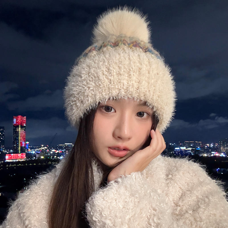 韩版冬季新品帽子女款加绒保暖针织帽可爱毛球护耳一体毛线帽批发|undefined