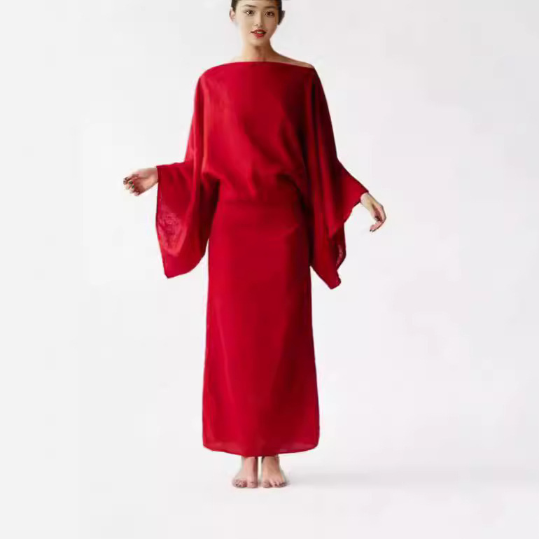 2024 Spring and Summer New Cross-border European and American Casual Cotton and Linen One-character Collar Oversized One-piece Bat Sleeve Belt Solid Color Skirt 2024 Spring and Summer New Cross-border European and American Casual Cotton and Linen One-character Collar Oversized One-piece Bat Sleeve Belt Solid Color Skirt