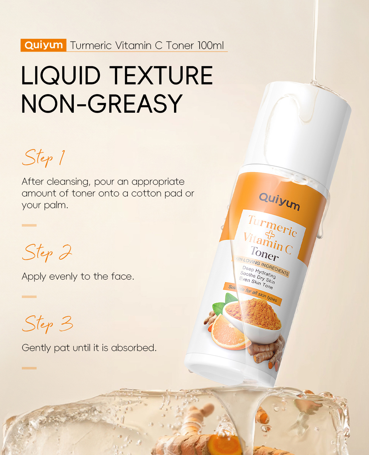 Cross-border new product QUIYUM Turmeric Vitamin c Toner 100ml for hydrating and moisturizing the face is available for wholesale from the manufacturer undefined