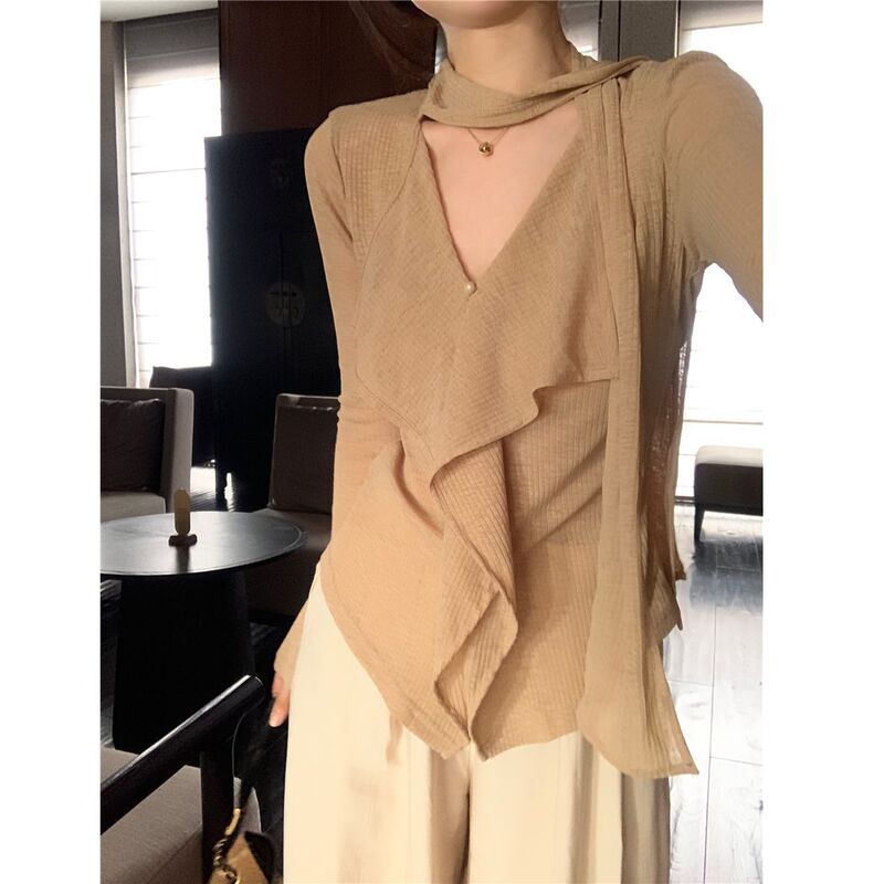 松弛系设计感飘带V领长袖T恤女2025秋季新款修身显瘦小众chic上衣|undefined