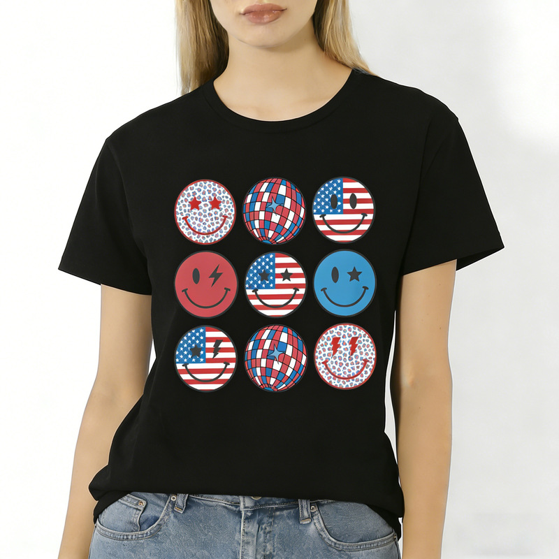 Cross-Border Amazon Usa Flag Smiley Face Disco Ball 2D Printed Short-Sleeved T-Shirt for Women Retro Independent Loose-Fitting Women's Clothing Cross-Border Amazon Usa Flag Smiley Face Disco Ball 2D Printed Short-Sleeved T-Shirt for Women Retro Independent Loose-Fitting Women's Clothing