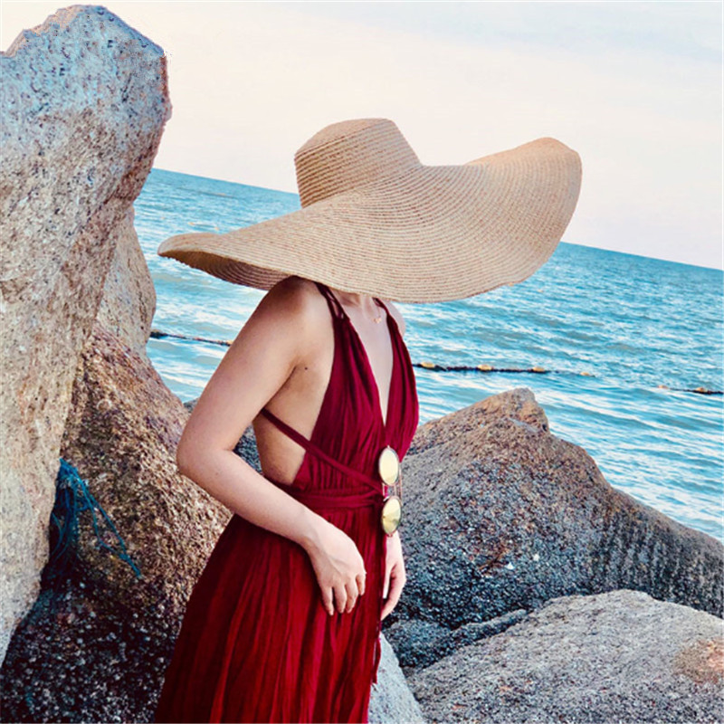 Extra große Strohhüte für Damen, 25 cm, aus Papier gewebt, mit breiter Krempe, ideal für Strand und Urlaub am Meer_voghion.com