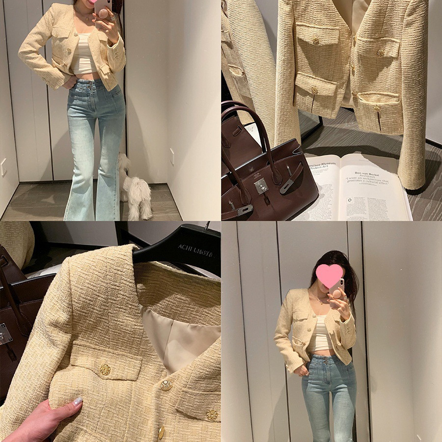 Chi Dayechi Yellow V-Neck Heavy Knit Chanel-Style Short Slim Fit Single-Breasted Tweed Jacket for Women